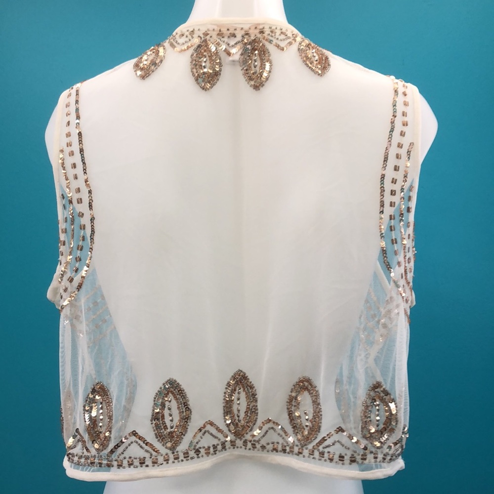 CHICO’S SHEER CREAM SHORT VEST • SILVER & GOLD BEAD DETAIL • sz 1 - Picture 5 of 10